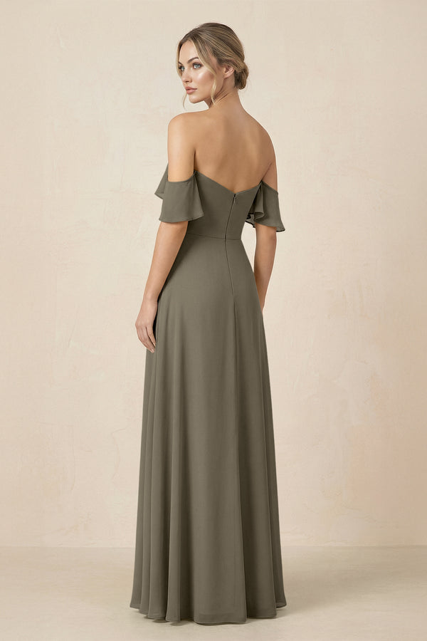 Off-the-Shoulder A-Line Chiffon Ruched Bridesmaid Dress in Willow Green - SHE IS ME BRIDESMAID DRESSES