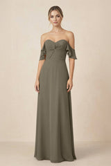 Off-the-Shoulder A-Line Chiffon Ruched Bridesmaid Dress in Willow Green - KISS BRIDAL BRIDESMAID DRESSES