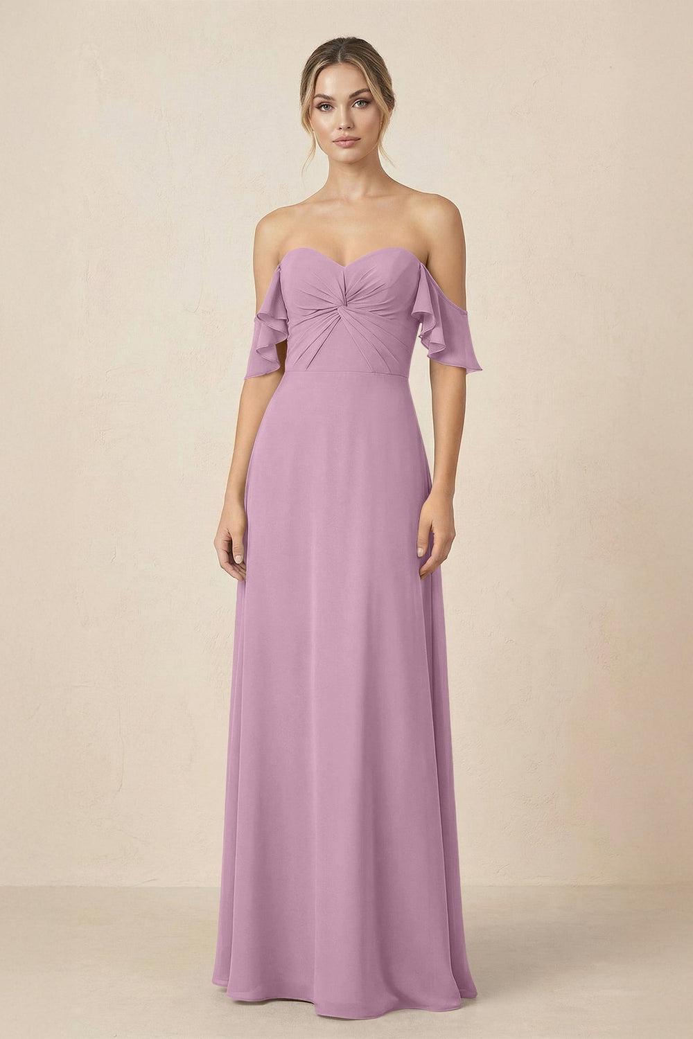 Off-the-Shoulder A-Line Chiffon Ruched Bridesmaid Dress in Wisteria - KISS BRIDAL BRIDESMAID DRESSES