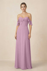Off-the-Shoulder A-Line Chiffon Ruched Bridesmaid Dress in Wisteria - KISS BRIDAL BRIDESMAID DRESSES