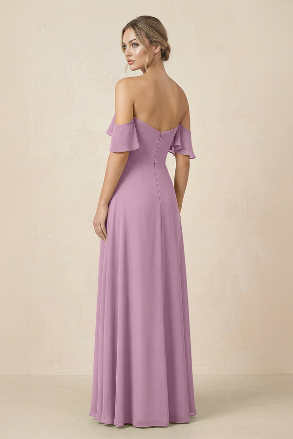 Off-the-Shoulder A-Line Chiffon Ruched Bridesmaid Dress in Wisteria - SHE IS ME BRIDESMAID DRESSES