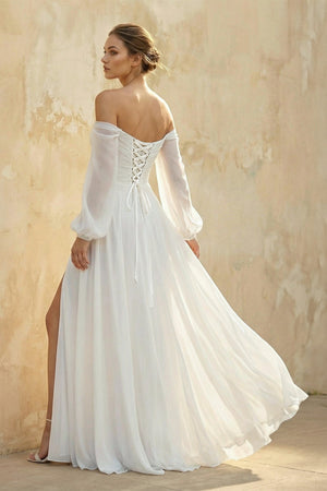 Off The Shoulder A Line Chiffon Wedding Dress With Slit - KISS BRIDAL Wedding Dresses