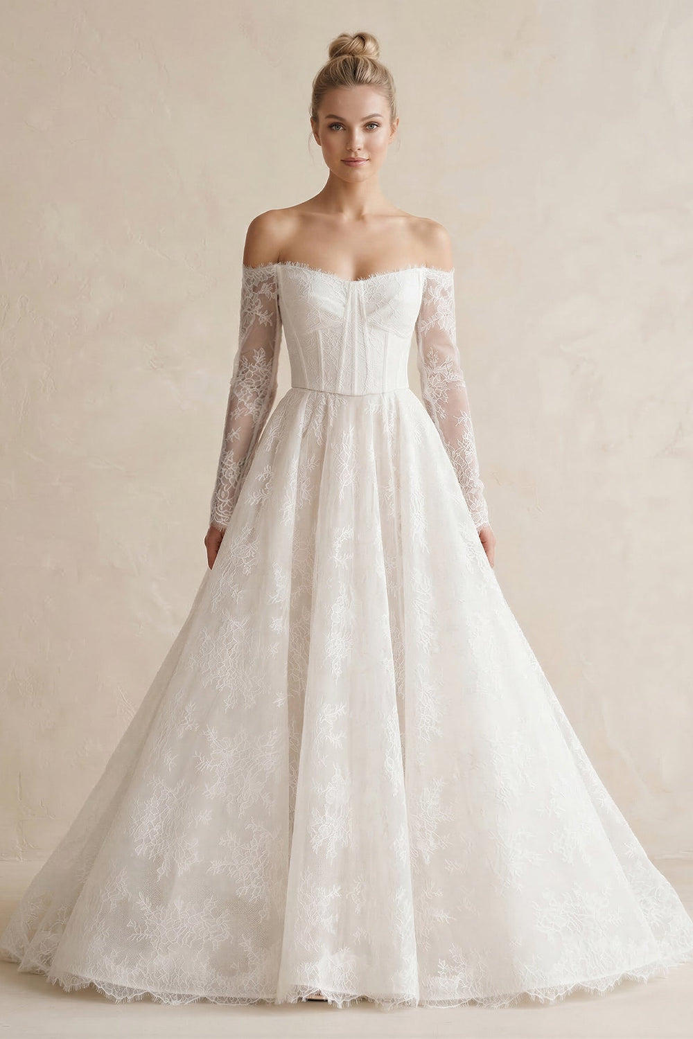 Off - the - Shoulder A - Line Lace Appliqued Wedding Dress in White - KISS BRIDAL Wedding Dresses