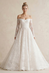 Off - the - Shoulder A - Line Lace Appliqued Wedding Dress in White - KISS BRIDAL Wedding Dresses