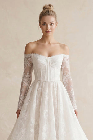 Off - the - Shoulder A - Line Lace Appliqued Wedding Dress in White - SHE IS ME Wedding Dresses