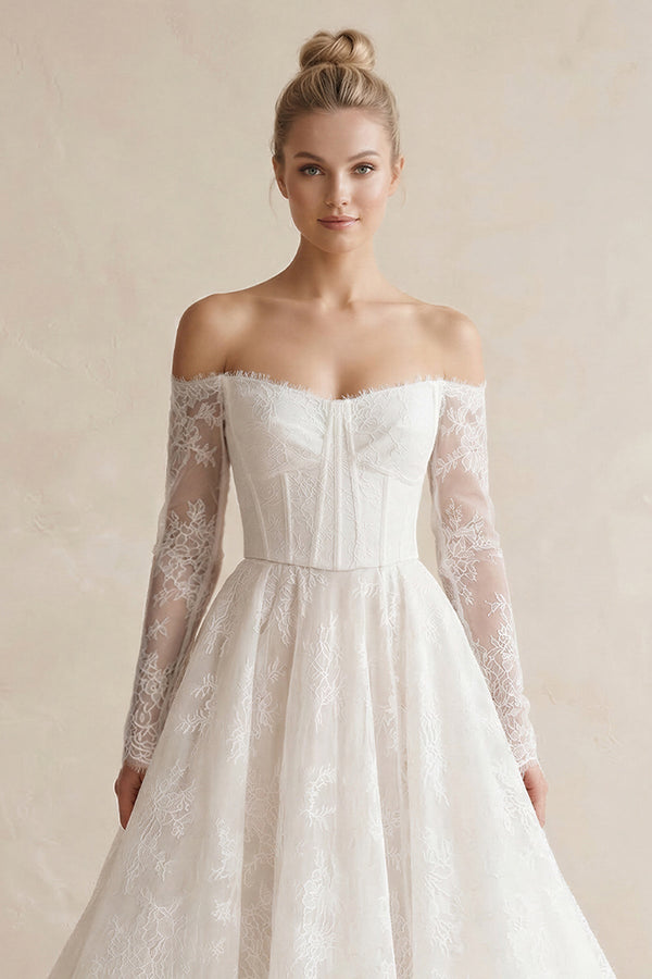 Off - the - Shoulder A - Line Lace Appliqued Wedding Dress in White - SHE IS ME Wedding Dresses