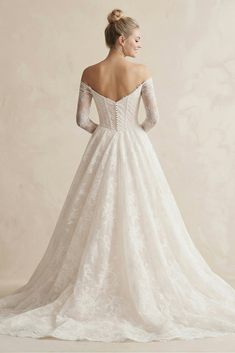 Off - the - Shoulder A - Line Lace Appliqued Wedding Dress in White - KISS BRIDAL Wedding Dresses