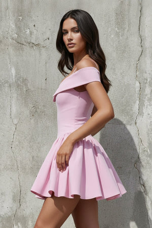 Off The Shoulder A - Line Mini Dress in Pink - SHE IS ME