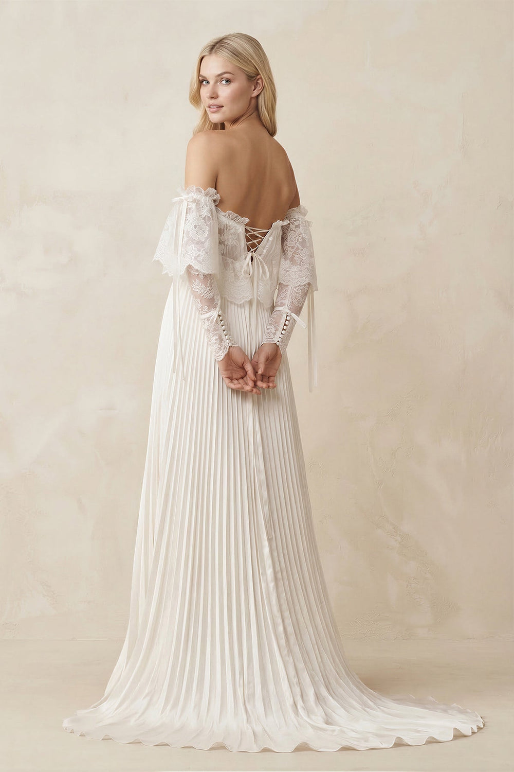 Off - the - Shoulder A - Line Pleated Appliqued Wedding Dress with Bow in Ivory - KISS BRIDAL Wedding Dresses