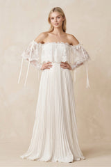 Off - the - Shoulder A - Line Pleated Appliqued Wedding Dress with Bow in Ivory - KISS BRIDAL Wedding Dresses