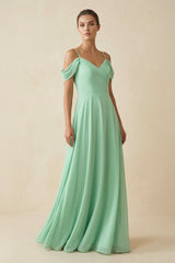 Off - the - Shoulder A - Line Pleated Chiffon Bridesmaid Gown - KISS BRIDAL Bridesmaid Dresses