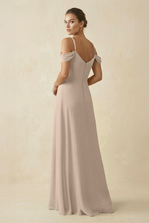 Off - the - Shoulder A - Line Pleated Chiffon Bridesmaid Gown in Almond - KISS BRIDAL Bridesmaid Dresses