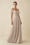 Off - the - Shoulder A - Line Pleated Chiffon Bridesmaid Gown in Almond - KISS BRIDAL Bridesmaid Dresses