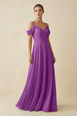 Off - the - Shoulder A - Line Pleated Chiffon Bridesmaid Gown in Amethyst - KISS BRIDAL Bridesmaid Dresses