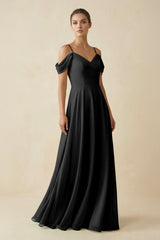 Off - the - Shoulder A - Line Pleated Chiffon Bridesmaid Gown in Black - KISS BRIDAL Bridesmaid Dresses