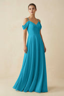 Off - the - Shoulder A - Line Pleated Chiffon Bridesmaid Gown in Blue Jay - SHE IS ME Bridesmaid Dresses