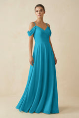 Off - the - Shoulder A - Line Pleated Chiffon Bridesmaid Gown in Blue Jay - KISS BRIDAL Bridesmaid Dresses