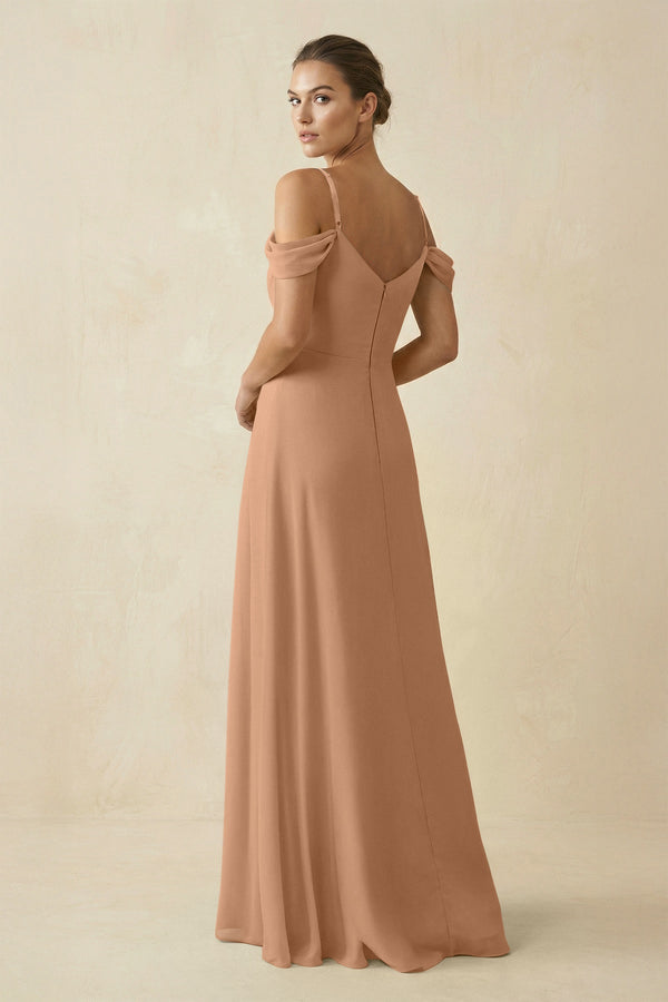 Off - the - Shoulder A - Line Pleated Chiffon Bridesmaid Gown in Bronzer - SHE IS ME Bridesmaid Dresses