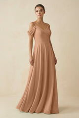 Off - the - Shoulder A - Line Pleated Chiffon Bridesmaid Gown in Bronzer - KISS BRIDAL Bridesmaid Dresses