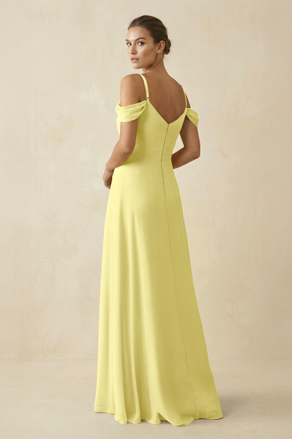Off - the - Shoulder A - Line Pleated Chiffon Bridesmaid Gown in Buttercup - SHE IS ME Bridesmaid Dresses