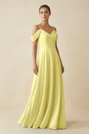Off - the - Shoulder A - Line Pleated Chiffon Bridesmaid Gown in Buttercup - KISS BRIDAL Bridesmaid Dresses