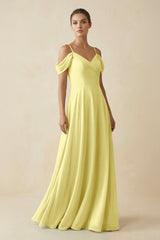 Off - the - Shoulder A - Line Pleated Chiffon Bridesmaid Gown in Buttercup - KISS BRIDAL Bridesmaid Dresses