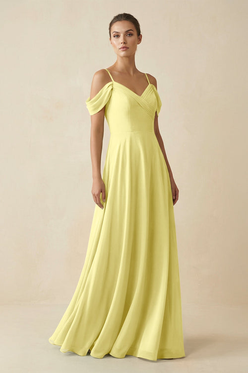 Off - the - Shoulder A - Line Pleated Chiffon Bridesmaid Gown in Buttercup - KISS BRIDAL Bridesmaid Dresses