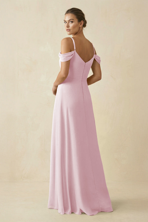 Off - the - Shoulder A - Line Pleated Chiffon Bridesmaid Gown in Candy Pink - KISS BRIDAL Bridesmaid Dresses
