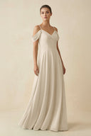 Off - the - Shoulder A - Line Pleated Chiffon Bridesmaid Gown in Champagne - KISS BRIDAL Bridesmaid Dresses