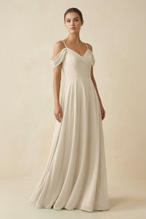 Off - the - Shoulder A - Line Pleated Chiffon Bridesmaid Gown in Champagne - KISS BRIDAL Bridesmaid Dresses