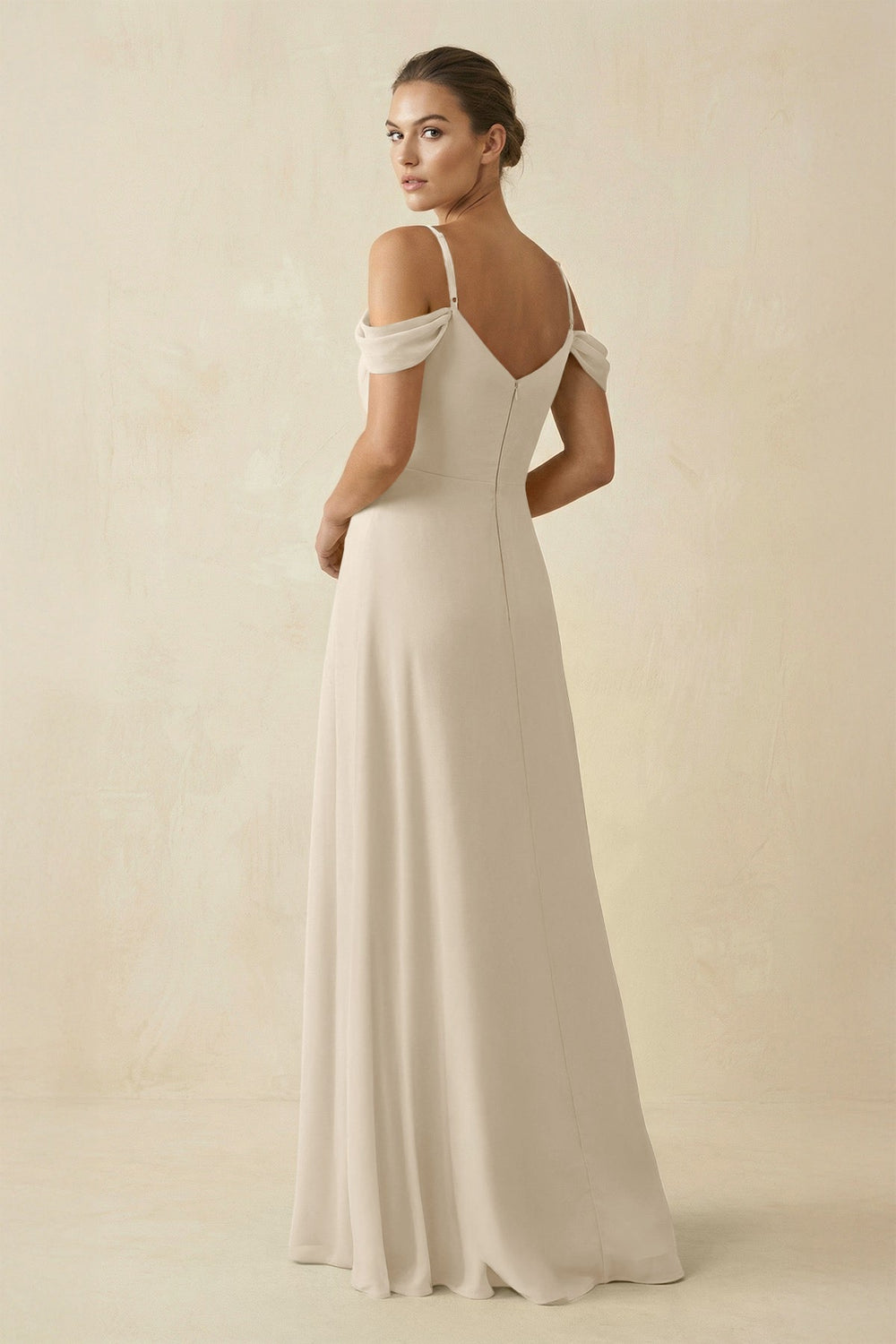 Off - the - Shoulder A - Line Pleated Chiffon Bridesmaid Gown in Champagne - SHE IS ME Bridesmaid Dresses