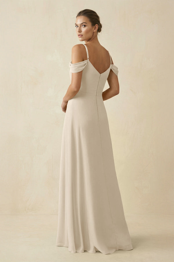 Off - the - Shoulder A - Line Pleated Chiffon Bridesmaid Gown in Champagne - KISS BRIDAL Bridesmaid Dresses