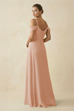 Off - the - Shoulder A - Line Pleated Chiffon Bridesmaid Gown in Champagne Rose - KISS BRIDAL Bridesmaid Dresses
