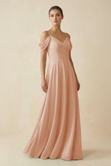 Off - the - Shoulder A - Line Pleated Chiffon Bridesmaid Gown in Champagne Rose - KISS BRIDAL Bridesmaid Dresses