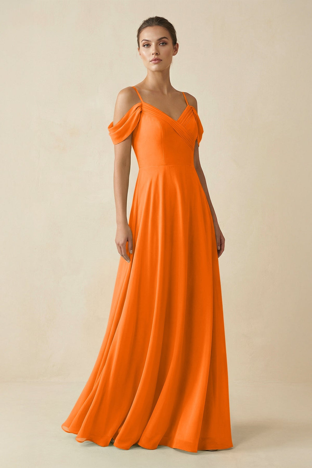 Off - the - Shoulder A - Line Pleated Chiffon Bridesmaid Gown in Cinnamon - SHE IS ME Bridesmaid Dresses