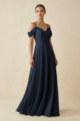 Off - the - Shoulder A - Line Pleated Chiffon Bridesmaid Gown in Dark Navy - KISS BRIDAL Bridesmaid Dresses