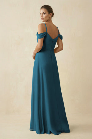 Off - the - Shoulder A - Line Pleated Chiffon Bridesmaid Gown in Dark Teal - KISS BRIDAL Bridesmaid Dresses