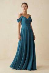 Off - the - Shoulder A - Line Pleated Chiffon Bridesmaid Gown in Dark Teal - KISS BRIDAL Bridesmaid Dresses