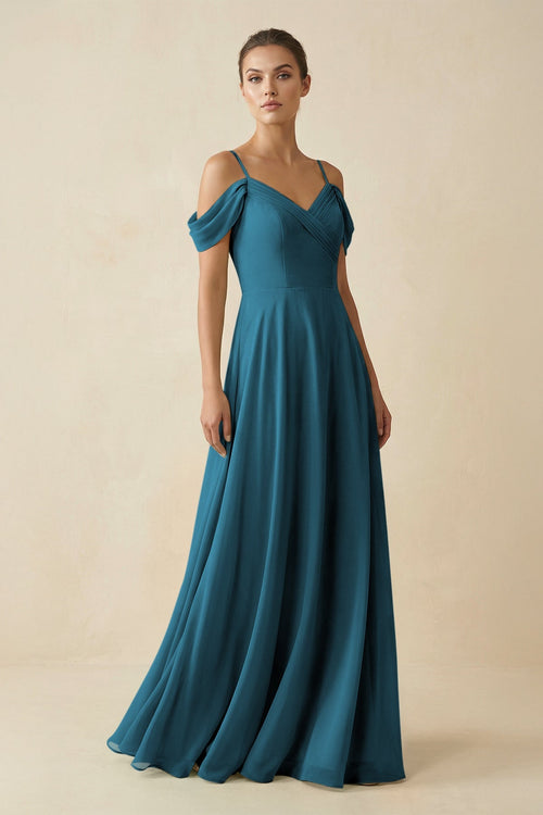 Off - the - Shoulder A - Line Pleated Chiffon Bridesmaid Gown in Dark Teal - KISS BRIDAL Bridesmaid Dresses
