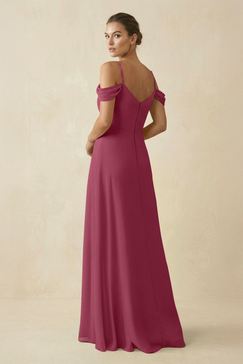 Off - the - Shoulder A - Line Pleated Chiffon Bridesmaid Gown in Desert Rose - SHE IS ME Bridesmaid Dresses