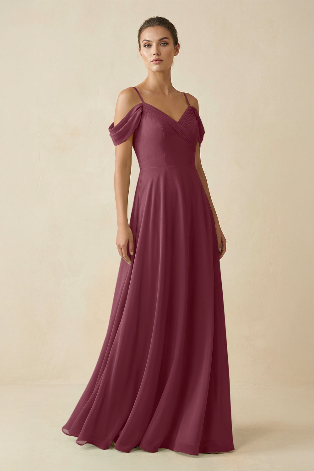 Off-the-Shoulder A-Line Pleated Chiffon Bridesmaid Gown in Desert Rose