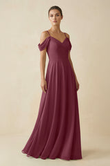 Off-the-Shoulder A-Line Pleated Chiffon Bridesmaid Gown in Desert Rose | KISSBRIDAL