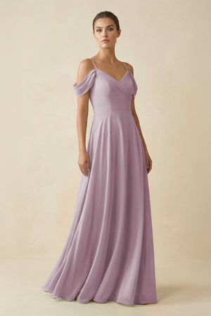 Off - the - Shoulder A - Line Pleated Chiffon Bridesmaid Gown in Dusk - SHE IS ME Bridesmaid Dresses