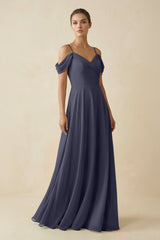 Off - the - Shoulder A - Line Pleated Chiffon Bridesmaid Gown in Dusk Blue - KISS BRIDAL Bridesmaid Dresses