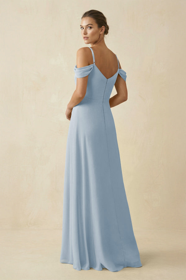 Off - the - Shoulder A - Line Pleated Chiffon Bridesmaid Gown in Dusty Blue - SHE IS ME Bridesmaid Dresses