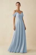 Off - the - Shoulder A - Line Pleated Chiffon Bridesmaid Gown in Dusty Blue - SHE IS ME Bridesmaid Dresses