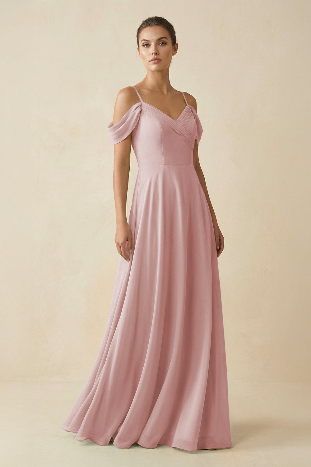 Off - the - Shoulder A - Line Pleated Chiffon Bridesmaid Gown in Dusty Rose - SHE IS ME Bridesmaid Dresses