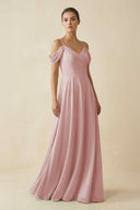 Off - the - Shoulder A - Line Pleated Chiffon Bridesmaid Gown in Dusty Rose - KISS BRIDAL Bridesmaid Dresses