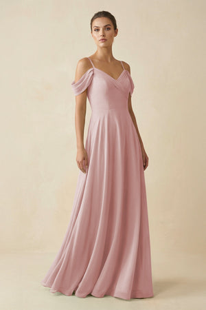 Off - the - Shoulder A - Line Pleated Chiffon Bridesmaid Gown in Dusty Rose - KISS BRIDAL Bridesmaid Dresses