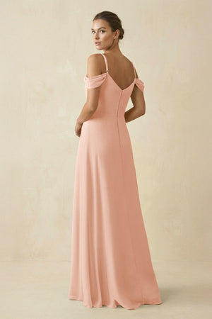Off - the - Shoulder A - Line Pleated Chiffon Bridesmaid Gown in English Rose - KISS BRIDAL Bridesmaid Dresses